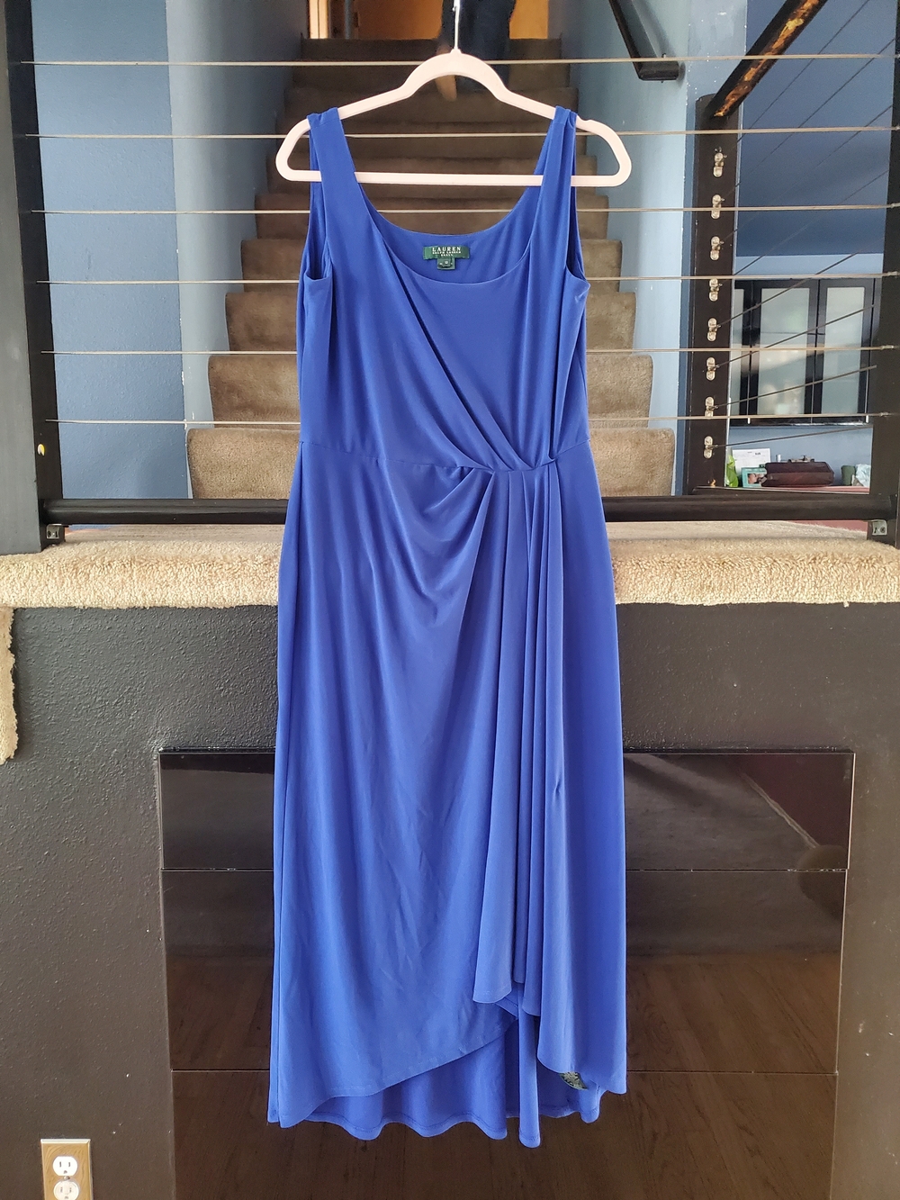 Ralph Lauren Cobalt Blue Sleeveless Midi Maxi Dress with Side Twist Draping